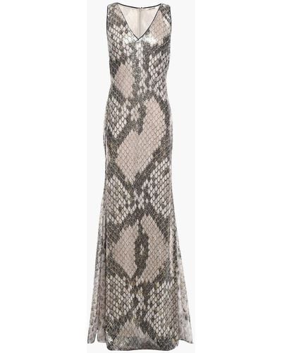 Roberto Cavalli Snake-print Sequined Tulle Gown - Metallic