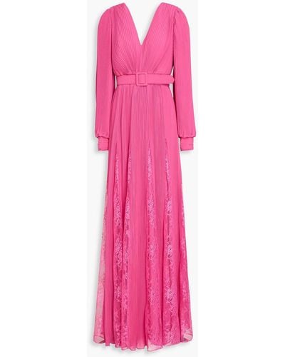 Badgley Mischka Lace-trimmed Pleated Georgette Gown - Pink