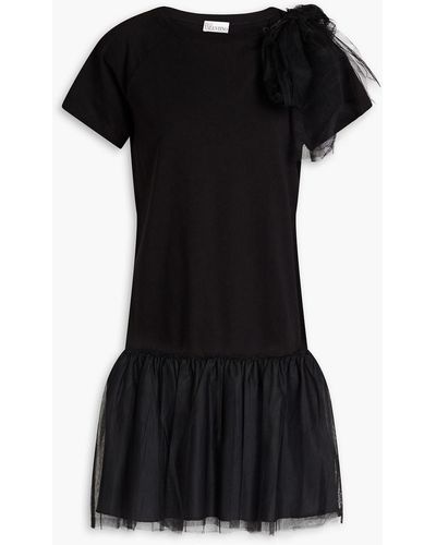 RED Valentino Bow-detailed Tulle-paneled Cotton-jersey Mini Dress - Black