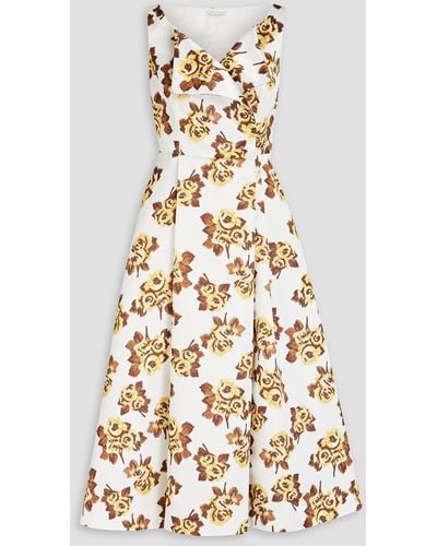 Emilia Wickstead Pleated Floral-print Duchesse-satin Midi Wrap Dress - White