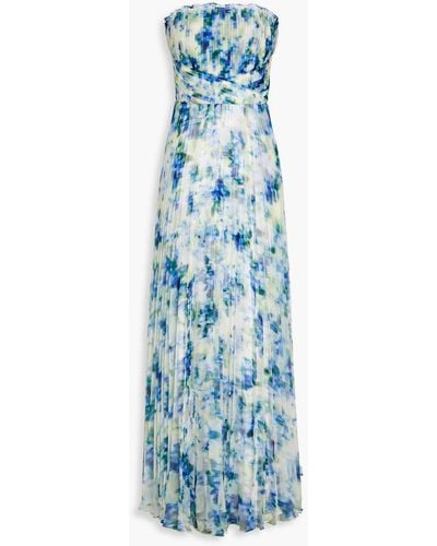 THEIA Ingrid Strapless Pleated Printed Organza Gown - Blue