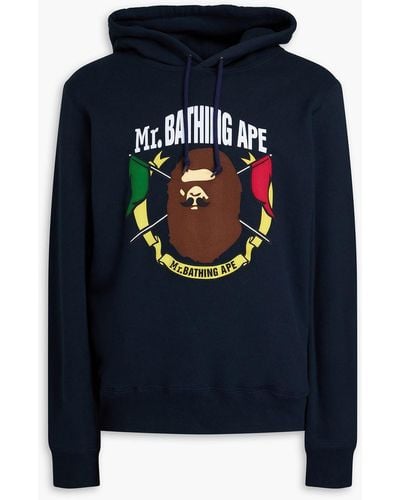 A Bathing Ape Flocked Printed French Cotton-terry Hoodie - Blue