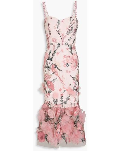 Marchesa Appliquéd Tulle Panelled Jacquard Midi Dress - Pink