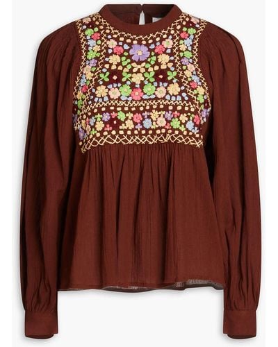 Antik Batik Line Embroidered Gathered Cotton Blouse - Brown