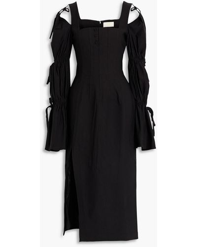 Sara Battaglia Cold-shoulder Ruched Poplin Midi Dress - Black