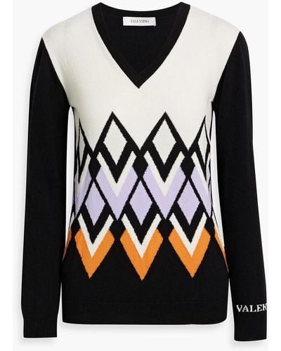Valentino Garavani Intarsia Wool And Cashmere-blend Sweater - Black