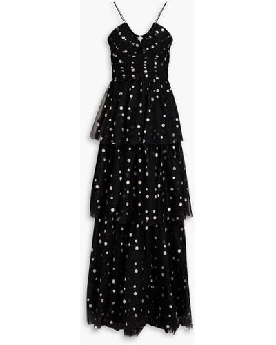 ML Monique Lhuillier Tiered Glittered Polka-dot Tulle Gown - Black