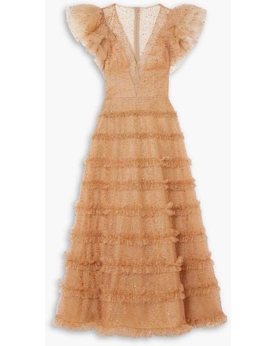 Costarellos Nixie Tiered Glittered Tulle Midi Dress - Brown