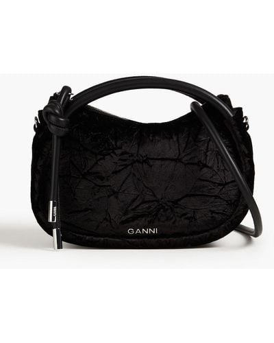 Ganni Crinkled Velvet And Faux Leather Shoulder Bag - Black