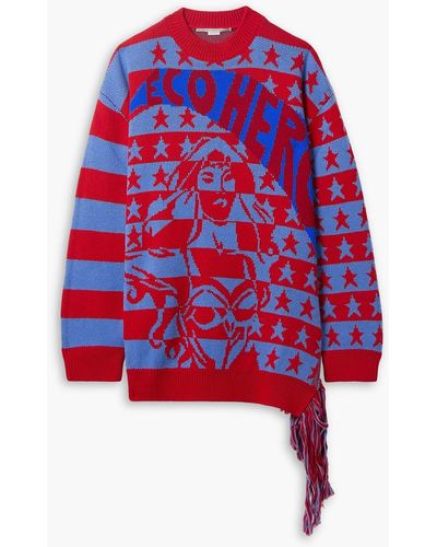 Stella McCartney Eco hero asymmetrischer oversized-pullover aus wolle mit intarsienmuster - Rot