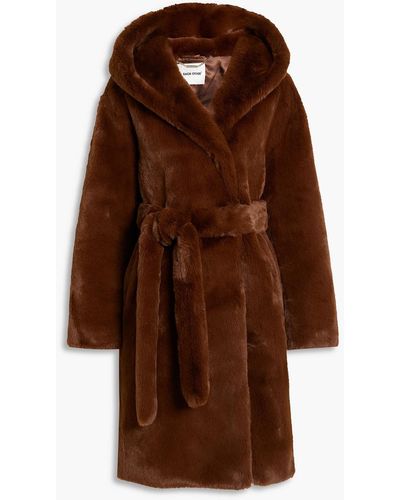 Each x Other Belted Faux Fur Hooded Coat - Brown