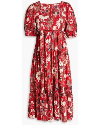 Ulla Johnson Nora Gathe Floral-print Cotton-blend Midi Dress - Red