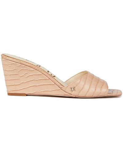Sam Edelman Croc-effect Leather Wedge Mules - Natural