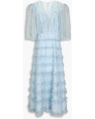 Costarellos Ruffled Glittered Tulle Gown - Blue