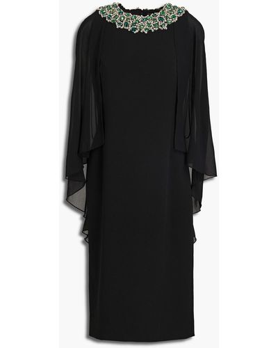 Jenny Packham Cape-effect Embellished Stretch-crepe And Chiffon Dress - Black