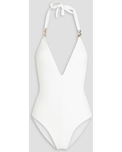 Melissa Odabash Naples Chain-embellished Stretch-jacquard Halterneck Swimsuit - White