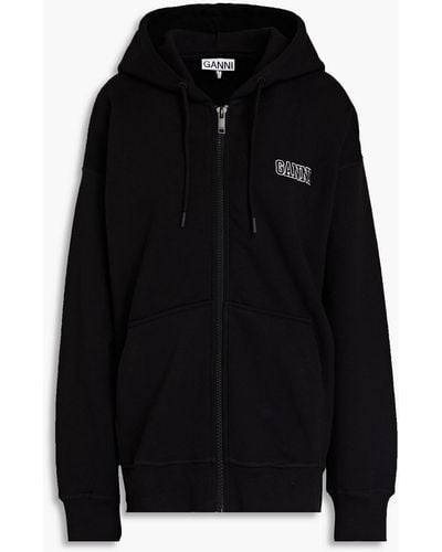 Ganni Cotton-blend Fleece Hooded Jacket - Black