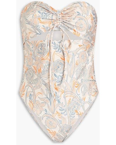 Agua Bendita Monarca Cutout Floral-print Bandeau Swimsuit - White