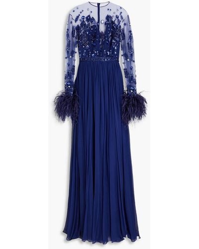 Zuhair Murad Embellished Tulle-paneled Voile Gown - Blue