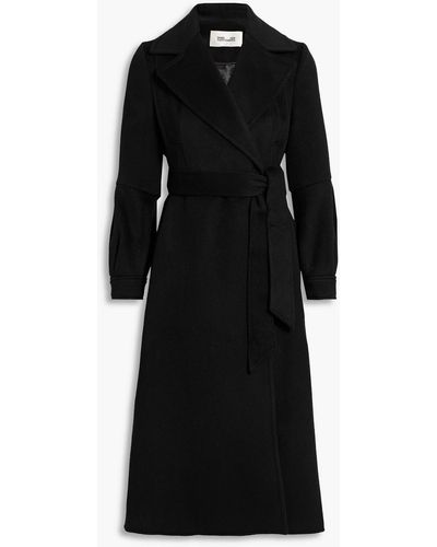 Diane von Furstenberg Pleated Belted Wool-felt Coat - Black
