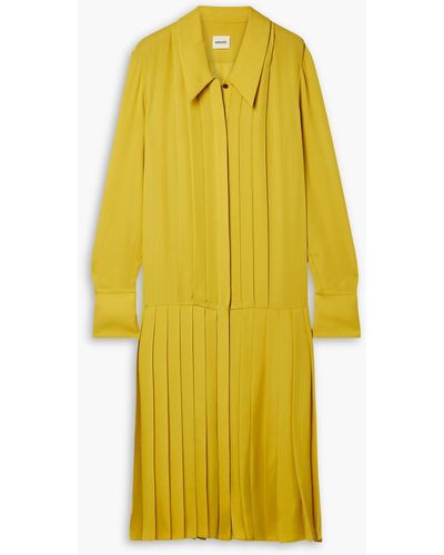 Khaite Helli Pleated Silk Crepe De Chine Midi Shirt Dress - Yellow