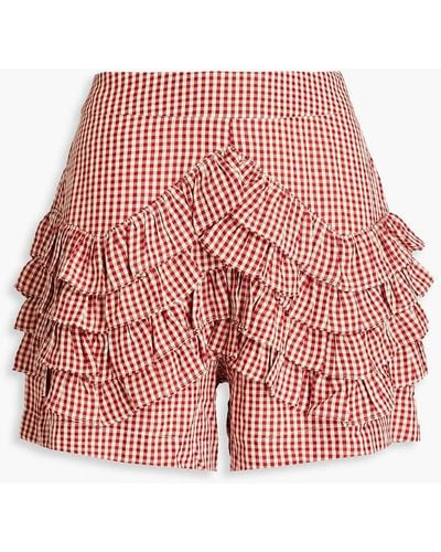 Shrimps Aurora Tie Ruffled Gingham Woven Shorts - Red