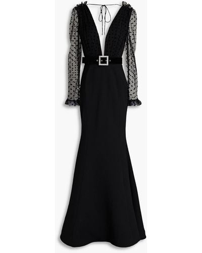 Rebecca Vallance Belted Flocked Tulle And Crepe Gown - Black