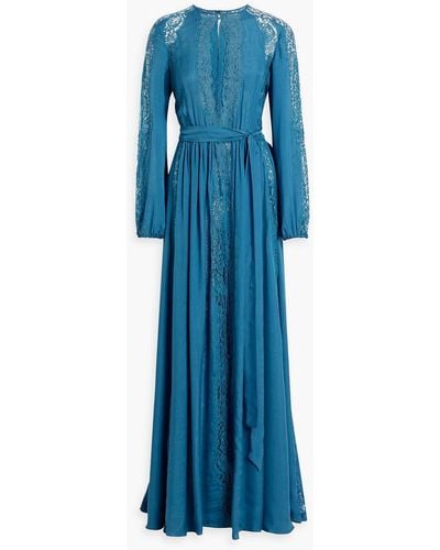 Zuhair Murad Lace-paneled Silk-blend Crepe De Chine Gown - Blue
