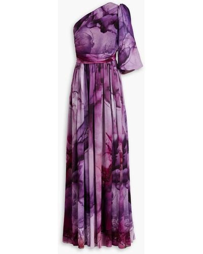 Costarellos One-sleeve Printed Chiffon Gown - Purple