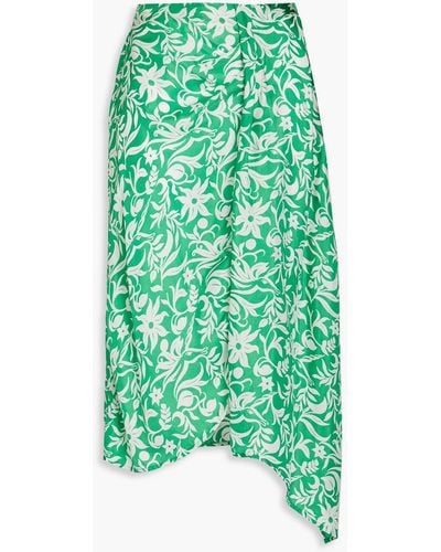 Maje Draped Floral-print Cupro-blend Satin-twill Midi Skirt - Green