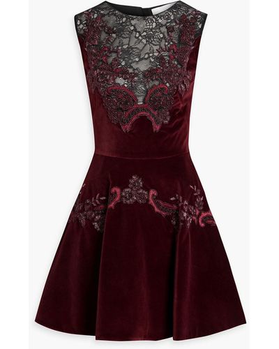 Zuhair Murad Embellished Lace-paneled Cotton-blend Velvet Mini Dress - Red