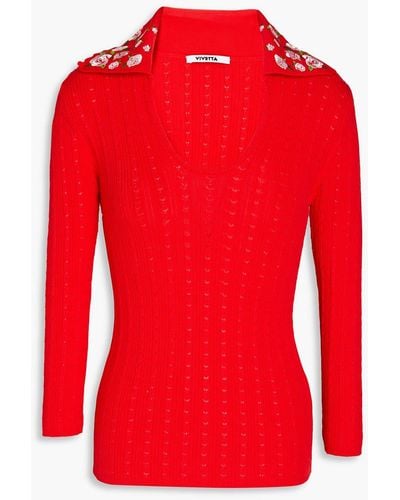 Vivetta Embroide Pointelle-knit Cotton Polo Sweater - Red