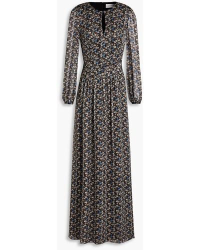 Mikael Aghal Gathered Floral-print Georgette Maxi Dress - Grey