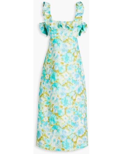 Zimmermann Ruffled Floral-print Linen Midi Dress - Blue