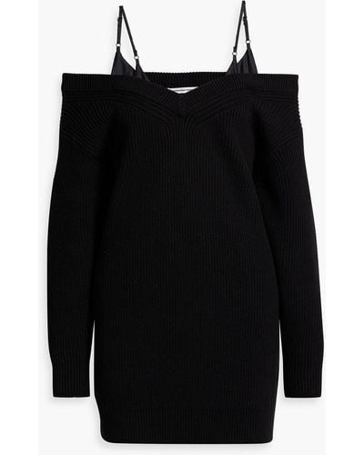 T By Alexander Wang Cold-shoulder Satin And Ribbed Cotton-blend Mini Dress - Black