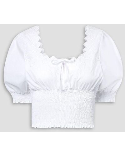ERL Cropped Shirred Broderie Anglaise Cotton Top - White