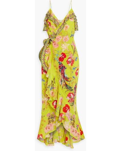 Camilla Crystal-embellished Ruffled Printed Silk Crepe De Chine Maxi Wrap Dress - Yellow