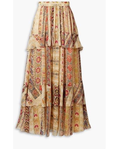 Etro Tiered Floral-print Silk Crepe De Chine Maxi Skirt - Natural