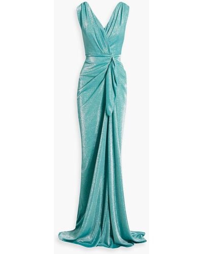 Rhea Costa Draped Glittered Jersey Gown - Green