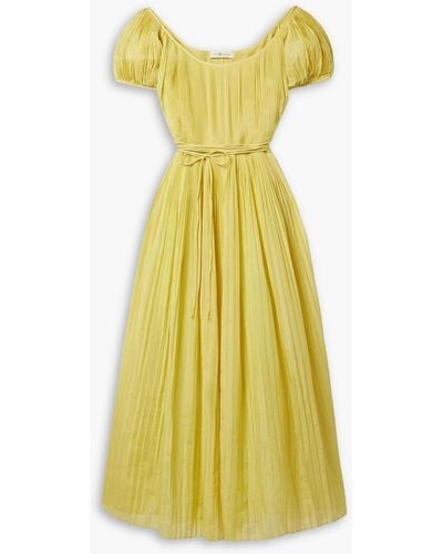 Tory Burch Pleated Striped Cotton And Silk-blend Voile Midi Dress - Yellow