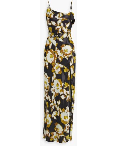 Nicholas Belira Draped Belted Floral-print Satin Gown - Metallic