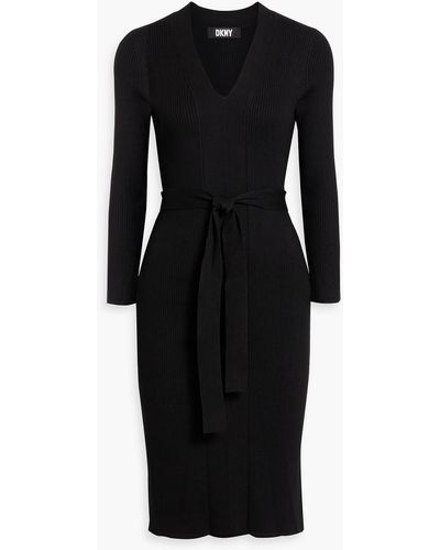 DKNY Belted Ribbed-knit Dress - Black