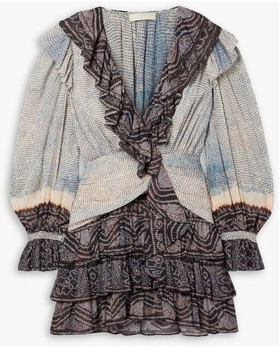 Ulla Johnson Sara bedrucktes minikleid aus krepon aus einer baumwollmischung mit rüschen - Grau