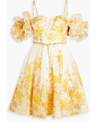 Zimmermann Verziertes minikleid aus organza aus einer seiden-leinenmischung mit floralem print und cut-outs - Gelb