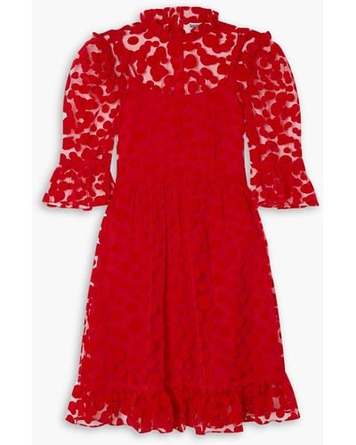 BATSHEVA Spring Ruffled Polka-dot Flocked Tulle Mini Dress - Red
