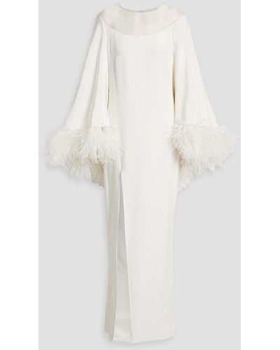 Monique Lhuillier Feather-embellished Crepe And Tulle Gown - White