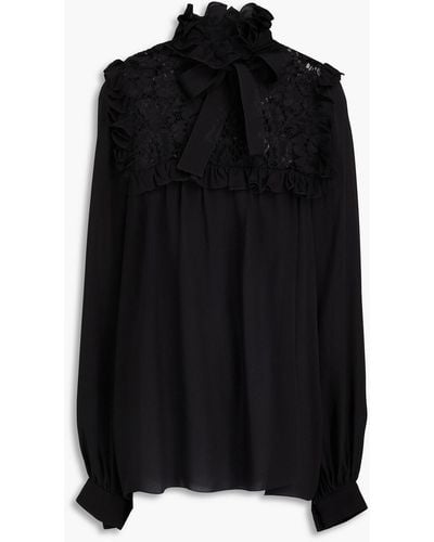 Elie Saab Corded Lace-paneled Silk-blend Crepe De Chine Blouse - Black