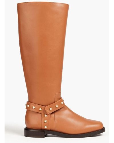 Stuart Weitzman Faux Pearl-embellished Leather Knee Boots - Brown