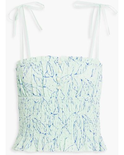 Joie Cameo Shirred Printed Broderie Anglaise Cotton Top - Blue