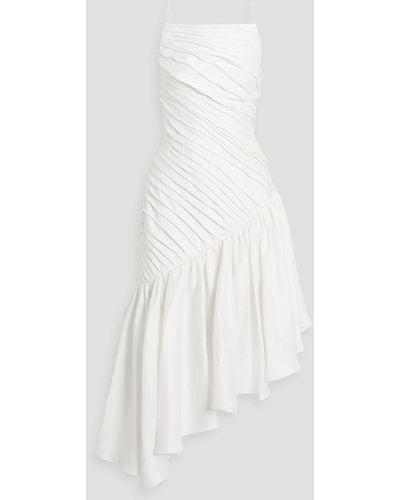 Rasario Asymmetric Pleated Linen-blend Midi Dress - White